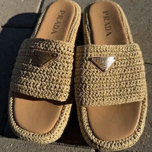 Prada Beige Woven Slide Sandals